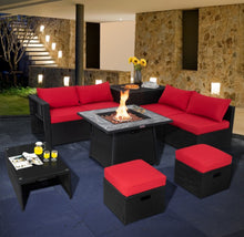 Load image into Gallery viewer, Elegant & Classy 9 Piece Outdoor Wicker Sectional With 35 Inch Gas Fire Pit Table Heavy Duty | In 6 Colours | Cover | Patio furniture