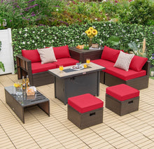 Load image into Gallery viewer, Elegant & Classy 9 Piece Set Outdoor Patio Furniture Set With 42 Inch Propane Fire Pit Table | Heavy Duty | Cover | Storage | In 6 Colours