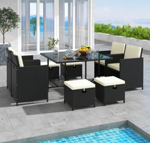 Load image into Gallery viewer, Heavy Duty Beautiful & Elegant Rattan Very Comfortable 9 Piece Outdoor Patio Dining Furniture Set With Tempered Glass Table, Ottomans