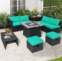 Load image into Gallery viewer, Elegant & Classy 9 Piece Outdoor Wicker Sectional With 35 Inch Gas Fire Pit Table Heavy Duty | In 6 Colours | Cover | Patio furniture