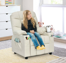 Load image into Gallery viewer, Very Cute & Adorable Kids, Children’s Recliner Sofa Chair Couch With Cup Holder | Footrest Velvet Or PU Leather | Padded Backrest | Wide Armrest | Retractable Footrest | Pockets