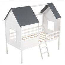 Load image into Gallery viewer, Super Adorable Twin Size Kids Heavy Duty House Bed Low Loft Bed Solid WoodFrame With Roof | 2 Step Ladder | High Guardrails | Under Bed Space | Window Openings | Holds 350lbs