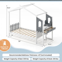 Load image into Gallery viewer, Super Cute & Adorable Modern  Twin Or Full Bed Frame House With Roof Canopy And Fence For Children, Kids | Heavy Duty  | Bed Space | Montessori | Desk, Drawers