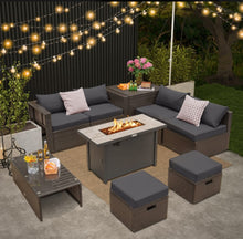Load image into Gallery viewer, Elegant & Classy 9 Piece Set Outdoor Patio Furniture Set With 42 Inch Propane Fire Pit Table | Heavy Duty | Cover | Storage | In 6 Colours