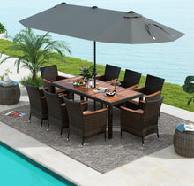 Load image into Gallery viewer, Heavy Duty Outdoor Patio 10-Piece Dining Set With 15 Feet Double-Sided Twin Patio Umbrella, Rustic Acadia Wood, Wicker, Rattan, Very Comfortable