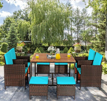 Load image into Gallery viewer, Heavy Duty Very Comfortable Modern 9-Piece Patio Rattan Dining Thick Cushioned Patio Furniture Set With Chairs, Dining Table, Ottomans, Acacia Wood