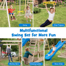 Load image into Gallery viewer, Super Fun Heavy-duty Playground For Children | 3 Swings | Monkey Bars | Climbing | Slide | Tree House Top Deck | Steering Wheel | Telescope | Sandbox | Bench | Awning
