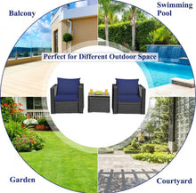 Load image into Gallery viewer, Heavy Duty Steel Frame Modern Beautiful 3-Piece Patio Furniture Wicker Rattan Conversation, Relaxing Set With Thick Comfy Cushions, 5 Colours
