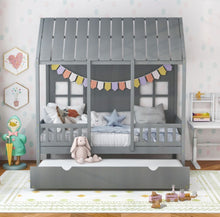 Load image into Gallery viewer, Very Adorable Elegant Twin Size Kids Bed Frame House Bed With Trundle, 82 inch Tall Roof | Heavy Duty | Space Saving