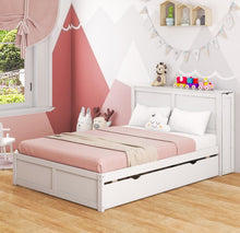 Load image into Gallery viewer, Elegant & Modern Very Comfortable Full Or Twin Kids, Children Wooden Platform Bed With Trundle Storage | Headboard | Bookshelf