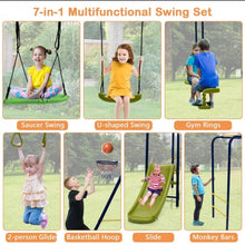 Load image into Gallery viewer, Super Fun 7-in-1 A Shaped Playground | Saucer Swing | U Shape Swing | Gym Rings | 2 Person Glide | Basketball Hoop | Slide | Monkey Bars
