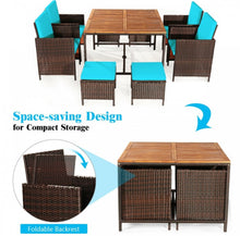 Load image into Gallery viewer, Heavy Duty Very Comfortable Modern 9-Piece Patio Rattan Dining Thick Cushioned Patio Furniture Set With Chairs, Dining Table, Ottomans, Acacia Wood