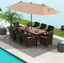 Load image into Gallery viewer, Heavy Duty Outdoor Patio 10-Piece Dining Set With 15 Feet Double-Sided Twin Patio Umbrella, Rustic Acadia Wood, Wicker, Rattan, Very Comfortable