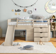 Load image into Gallery viewer, Super Cute, Adorable Heavy Duty 3-In-1 Twin Loft Bed With Smooth Slide, Side Ladder Drawers For Kids/Teens | Solid Wood Material | Bottom Game Space