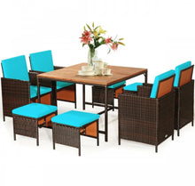 Load image into Gallery viewer, Heavy Duty Very Comfortable Modern 9-Piece Patio Rattan Dining Thick Cushioned Patio Furniture Set With Chairs, Dining Table, Ottomans, Acacia Wood