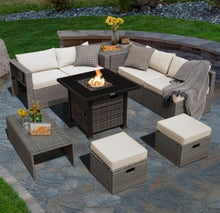 Load image into Gallery viewer, Classy & Elegant 9 Piece Wicker Outdoor Patio Furniture Set With 32 Inch Propane Fire Pit Table | Storage | Cover | Comfy Seating | High Quality | PE Rattan