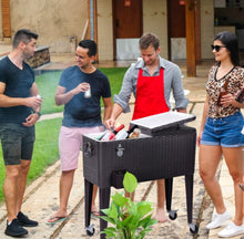 Load image into Gallery viewer, Heavy Duty Patio Super Cool Rattan Rolling Party Cooler Cart | Bottle Opener With Catcher | Handle | Rolling Wheels |