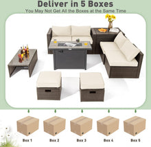 Load image into Gallery viewer, Elegant & Classy 9 Piece Set Outdoor Patio Furniture Set With 42 Inch Propane Fire Pit Table | Heavy Duty | Cover | Storage | In 6 Colours