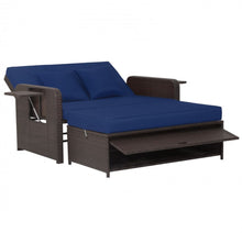 Load image into Gallery viewer, Elegant 4-Level Patio Rattan Daybed | Adjustable Backrest | Rectangle Side Tray | Outdoor Sectional | Double Sofa With Side Table | Space Saving