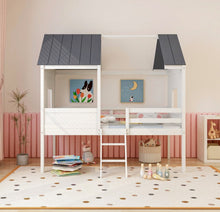 Load image into Gallery viewer, Super Adorable Twin Size Kids Heavy Duty House Bed Low Loft Bed Solid WoodFrame With Roof | 2 Step Ladder | High Guardrails | Under Bed Space | Window Openings | Holds 350lbs