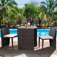 Load image into Gallery viewer, Beautiful & Elegant 3-Piece Comfortable Wicker Patio Bistro Set | Table And Chairs | Weather Resistant | Space Saver | Rattan | Soft Cushions