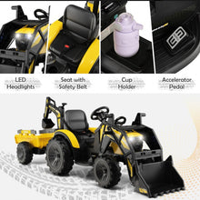 Load image into Gallery viewer, 2025 Heavy Duty 12V Excavator 3-in-1 Ride On Toy 1 Seater With Shovel, Bucket, Trailer, Rubber Tires, Cup Holder, LED Lights, Digging Bucket, Remote