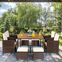 Load image into Gallery viewer, Heavy Duty Very Comfortable Modern 9-Piece Patio Rattan Dining Thick Cushioned Patio Furniture Set With Chairs, Dining Table, Ottomans, Acacia Wood