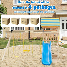 Load image into Gallery viewer, Super Fun Heavy-duty Playground For Children | 3 Swings | Monkey Bars | Climbing | Slide | Tree House Top Deck | Steering Wheel | Telescope | Sandbox | Bench | Awning