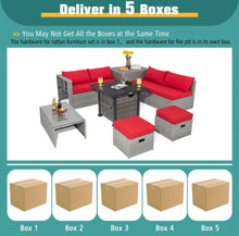 Load image into Gallery viewer, Classy & Elegant 9 Piece Wicker Outdoor Patio Furniture Set With 32 Inch Propane Fire Pit Table | Storage | Cover | Comfy Seating | High Quality | PE Rattan