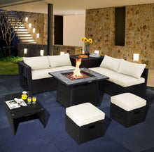 Load image into Gallery viewer, Elegant & Classy 9 Piece Outdoor Wicker Sectional With 35 Inch Gas Fire Pit Table Heavy Duty | In 6 Colours | Cover | Patio furniture