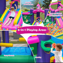 Load image into Gallery viewer, Super Cute & Adorable Inflatable Unicorn Themed Bouncy Castle / House 6-in-1 Playing Area | With 735W Blower | Slide | Carry Bag |