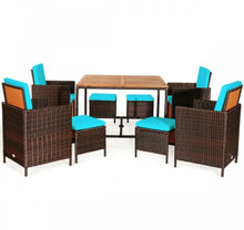 Load image into Gallery viewer, Heavy Duty Very Comfortable Modern 9-Piece Patio Rattan Dining Thick Cushioned Patio Furniture Set With Chairs, Dining Table, Ottomans, Acacia Wood
