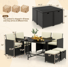Load image into Gallery viewer, Heavy Duty Beautiful & Elegant Rattan Very Comfortable 9 Piece Outdoor Patio Dining Furniture Set With Tempered Glass Table, Ottomans