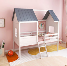 Load image into Gallery viewer, Super Adorable Twin Size Kids Heavy Duty House Bed Low Loft Bed Solid WoodFrame With Roof | 2 Step Ladder | High Guardrails | Under Bed Space | Window Openings | Holds 350lbs