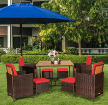Load image into Gallery viewer, Heavy Duty Very Comfortable Modern 9-Piece Patio Rattan Dining Thick Cushioned Patio Furniture Set With Chairs, Dining Table, Ottomans, Acacia Wood