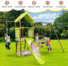 Load image into Gallery viewer, Heavy Duty Playful 7-in-1 Outdoor Metal Swing Playground With Covered Fort, Sandbox, Cool Wave Slide, Climbing Rope, Glider, Adjustable Swing, Cedar Wood