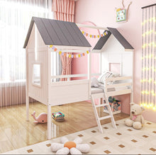 Load image into Gallery viewer, Super Adorable Twin Size Kids Heavy Duty House Bed Low Loft Bed Solid WoodFrame With Roof | 2 Step Ladder | High Guardrails | Under Bed Space | Window Openings | Holds 350lbs