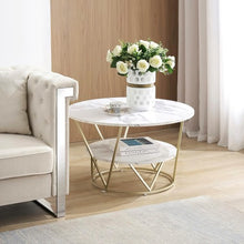 Load image into Gallery viewer, Elegant Round Coffee Table 80 x 45 CM White Gold Faux Marble Table | 2 Tier Storage | For Home, Living Room (White Gold)