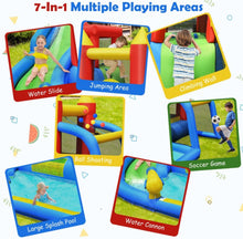 Load image into Gallery viewer, Super Cool & Fun 7-in-1 Inflatable Bouncy House Splash Pool | Water Slide | Jump Area | Climb Wall | Ball Shoot | Soccer | Water Cannon | W 740W Blower