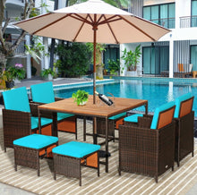 Load image into Gallery viewer, Heavy Duty Very Comfortable Modern 9-Piece Patio Rattan Dining Thick Cushioned Patio Furniture Set With Chairs, Dining Table, Ottomans, Acacia Wood