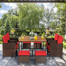 Load image into Gallery viewer, Heavy Duty Very Comfortable Modern 9-Piece Patio Rattan Dining Thick Cushioned Patio Furniture Set With Chairs, Dining Table, Ottomans, Acacia Wood