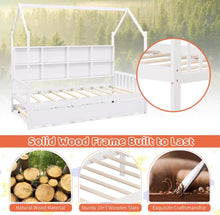 Load image into Gallery viewer, Very Adorable Twin Size Kids Montessori Day Or Night Trundle Bed With Roof, Shelf 8 Components | With Wheels | Space Saving | Solid Wood Frame | Heavy Duty
