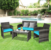 Load image into Gallery viewer, Super Elegant 4 Piece Heavy Duty Rattan Patio Furniture Set With Glass Table | Love-seat | Very Comfortable | Thickened Cushions