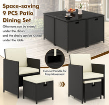 Load image into Gallery viewer, Heavy Duty Beautiful & Elegant Rattan Very Comfortable 9 Piece Outdoor Patio Dining Furniture Set With Tempered Glass Table, Ottomans