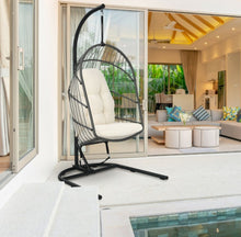 Load image into Gallery viewer, 2025 Super Cool Patio Hanging Wicker Egg Chair | Holds 300lbs | With Stand & Cushion | Indoor Or Outdoor | Thick and Soft Comfy Cushions | Heavy Duty
