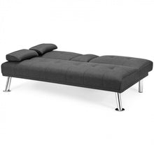 Load image into Gallery viewer, Elegant Heavy Duty Comfortable 3 Convertible Modes Folding Futon 2 Seater Sofa Couch Bed Beautiful Fabric With 2 Cup Holders | Lumbar Pillow