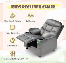 Load image into Gallery viewer, Very Cute & Adorable Kids, Children’s Recliner Sofa Chair Couch With Cup Holder | Footrest Velvet Or PU Leather | Padded Backrest | Wide Armrest | Retractable Footrest | Pockets