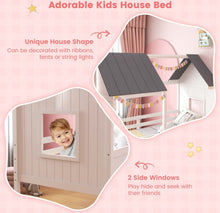 Load image into Gallery viewer, Super Adorable Twin Size Kids Heavy Duty House Bed Low Loft Bed Solid WoodFrame With Roof | 2 Step Ladder | High Guardrails | Under Bed Space | Window Openings | Holds 350lbs