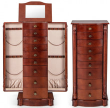Load image into Gallery viewer, Very Elegant Brown Large Wooden Jewelry Storage Box Organizer  | Retro Design | Soft Liner | Top Flip Mirror