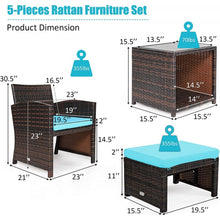 Load image into Gallery viewer, Elegant Heavy Duty 5-Piece Patio Rattan Furniture Set With Ottoman, Beautiful Tempered Glass Coffee Table | Cozy Chairs